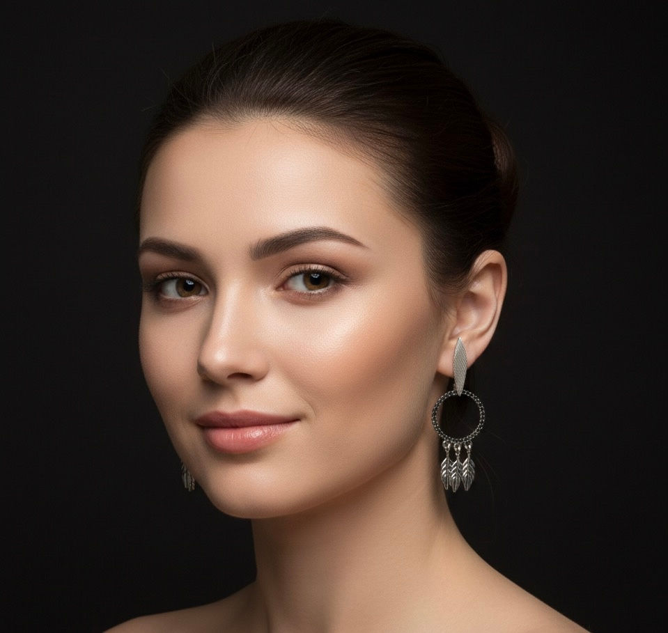 Elegant woman with MOP Bar Drop Earring and Lavish Jewellery on black background.