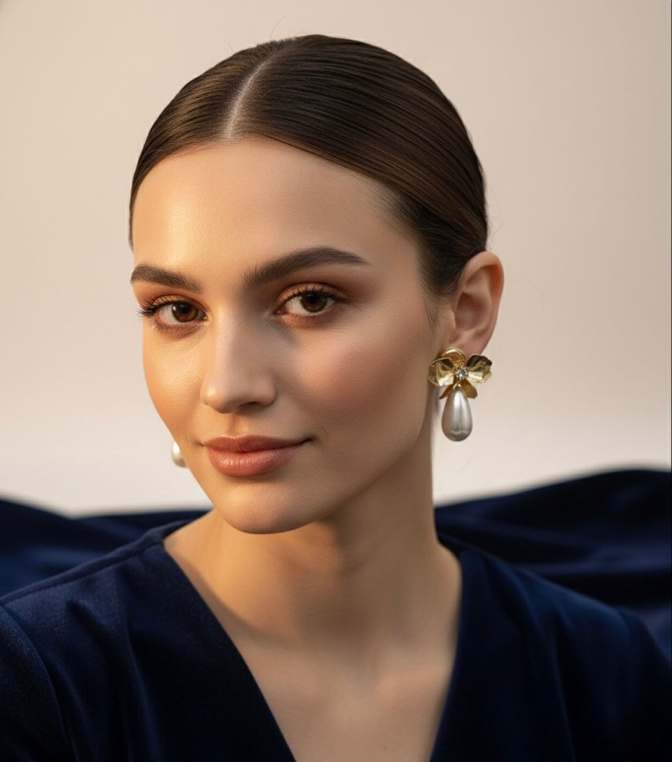 Elegant woman with pearl earrings, looking at the camera, Lavish Jewellery.