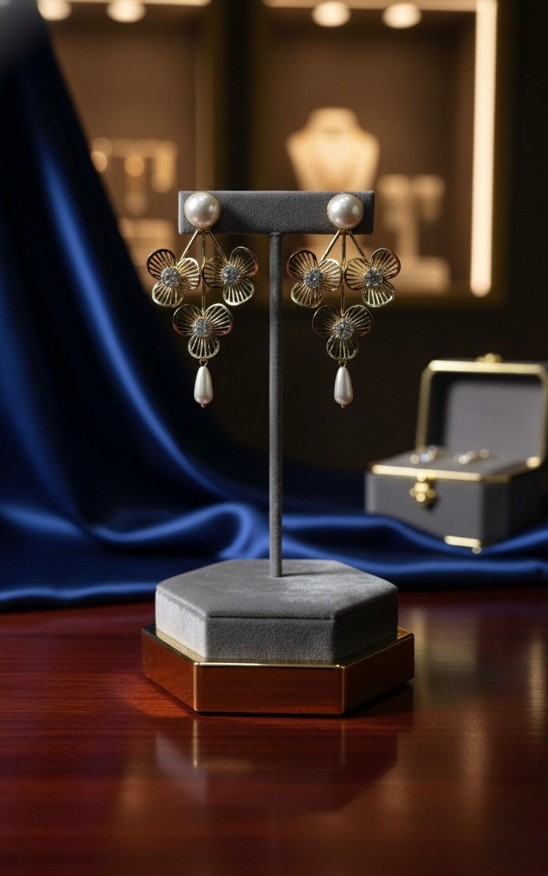 Elegant golden earrings on display with pearls and floral design, Lavish Jewellery.