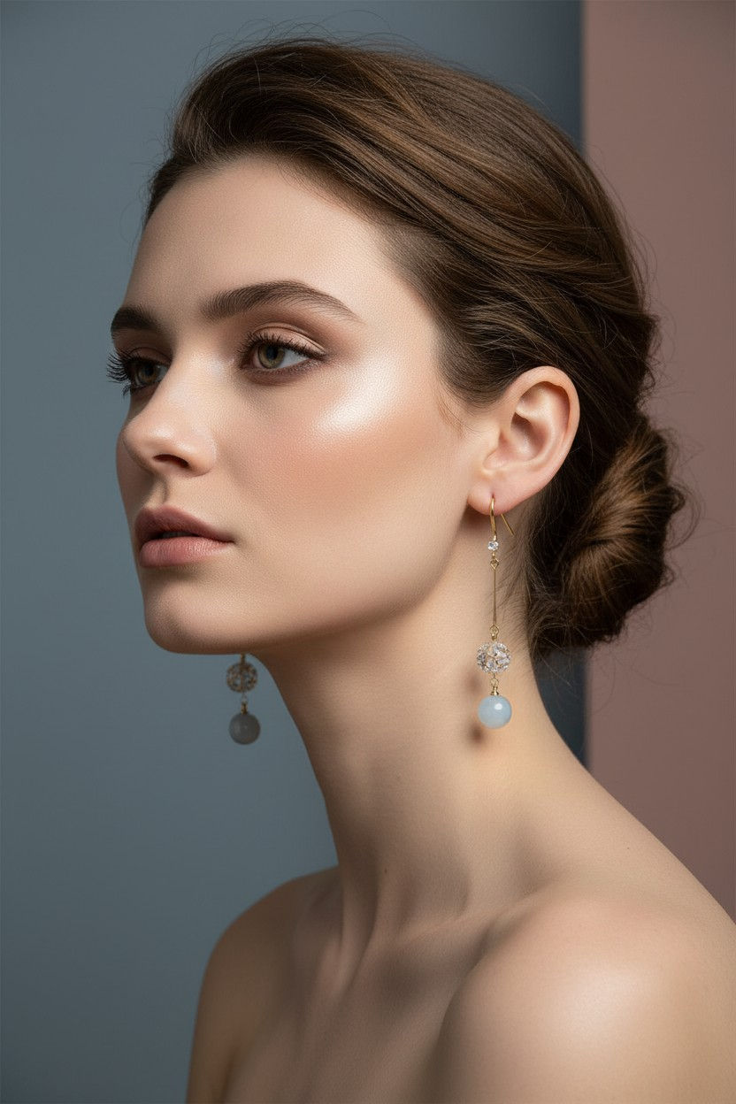 Elegant woman with Zirconia Gold Colour Earring, wearing beautiful Lavish Jewellery.