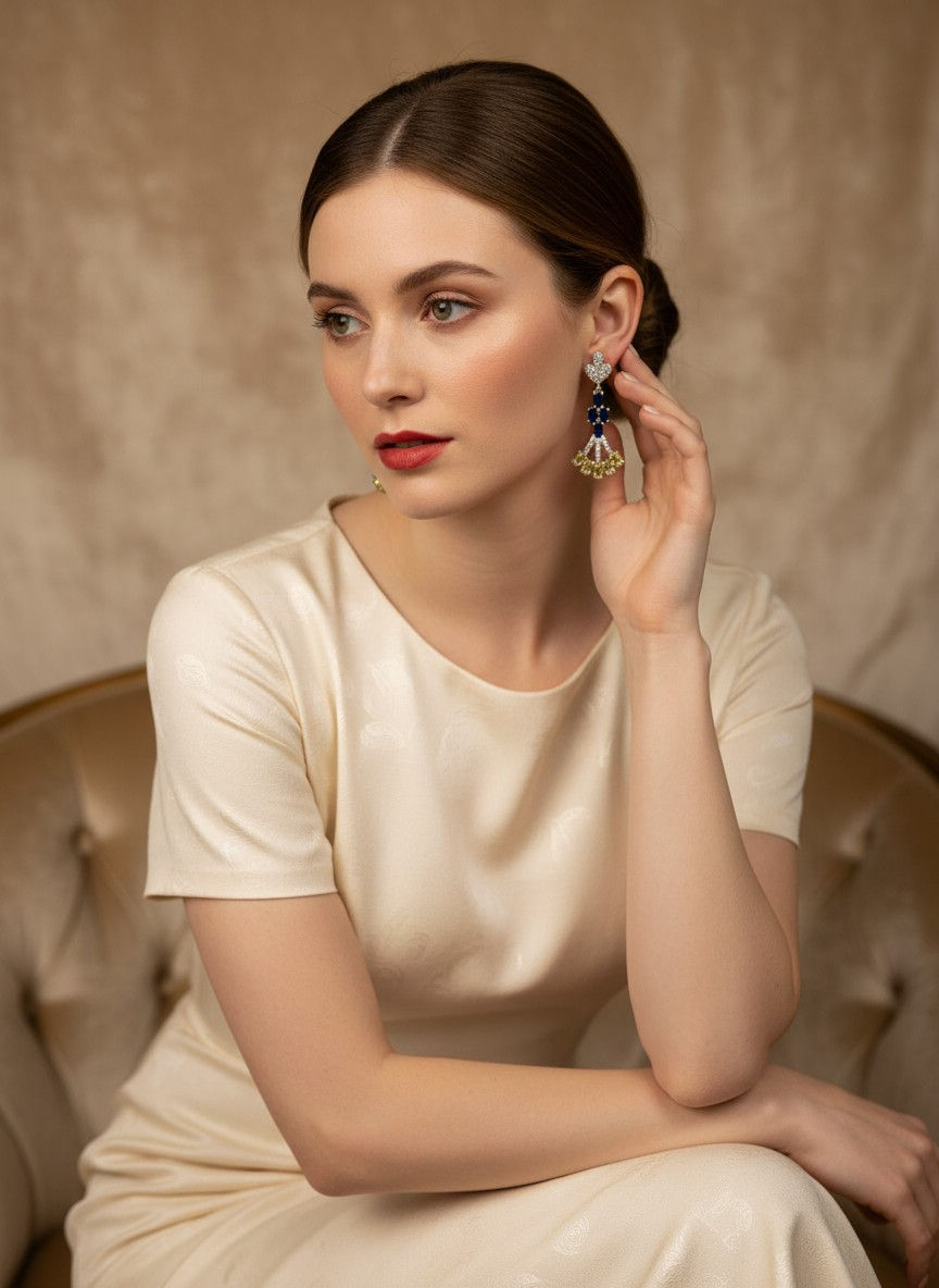 Elegant woman with Zirconia Gold Colour Earring poses, wearing a cream dress, Lavish Jewellery.