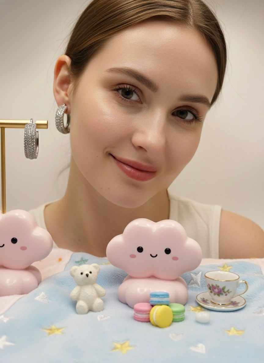 Woman smiles, wearing earrings, with toy clouds, tiny bear and cup Lavish Jewellery