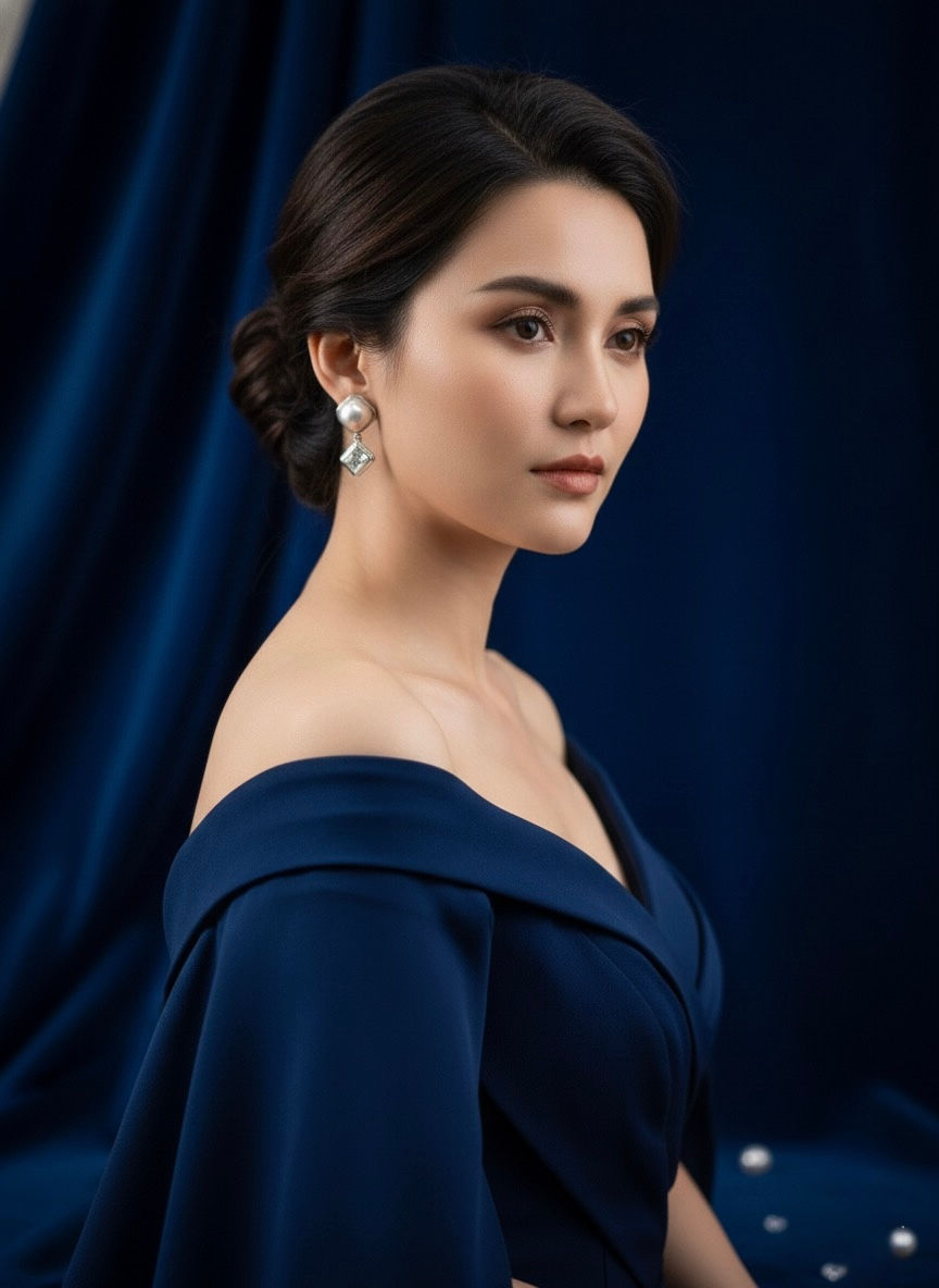 Elegant woman in blue dress poses, wearing pearl earrings, against dark blue backdrop.