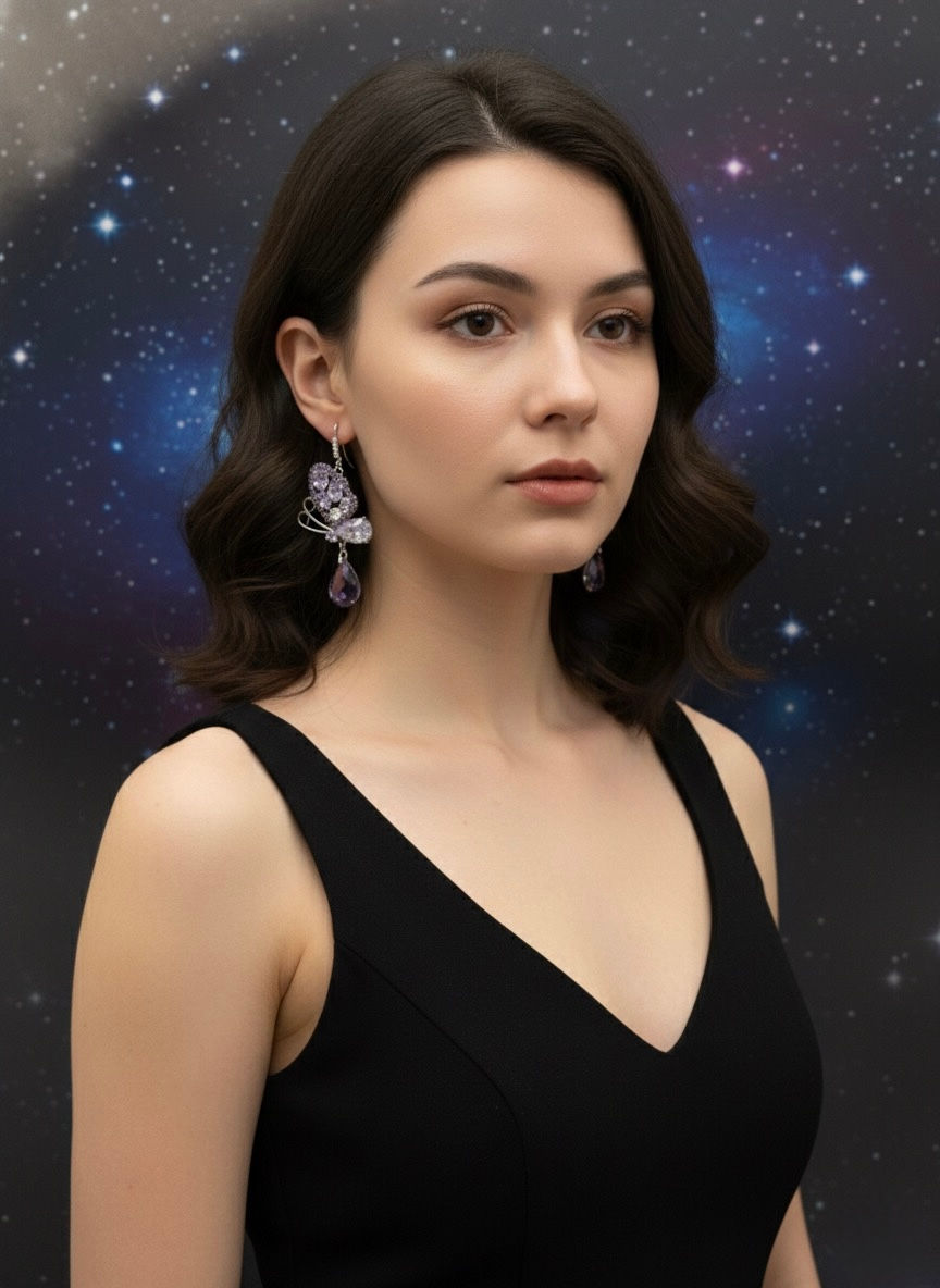 Woman wearing butterfly earrings, with black top and space background. Lavish Jewellery.