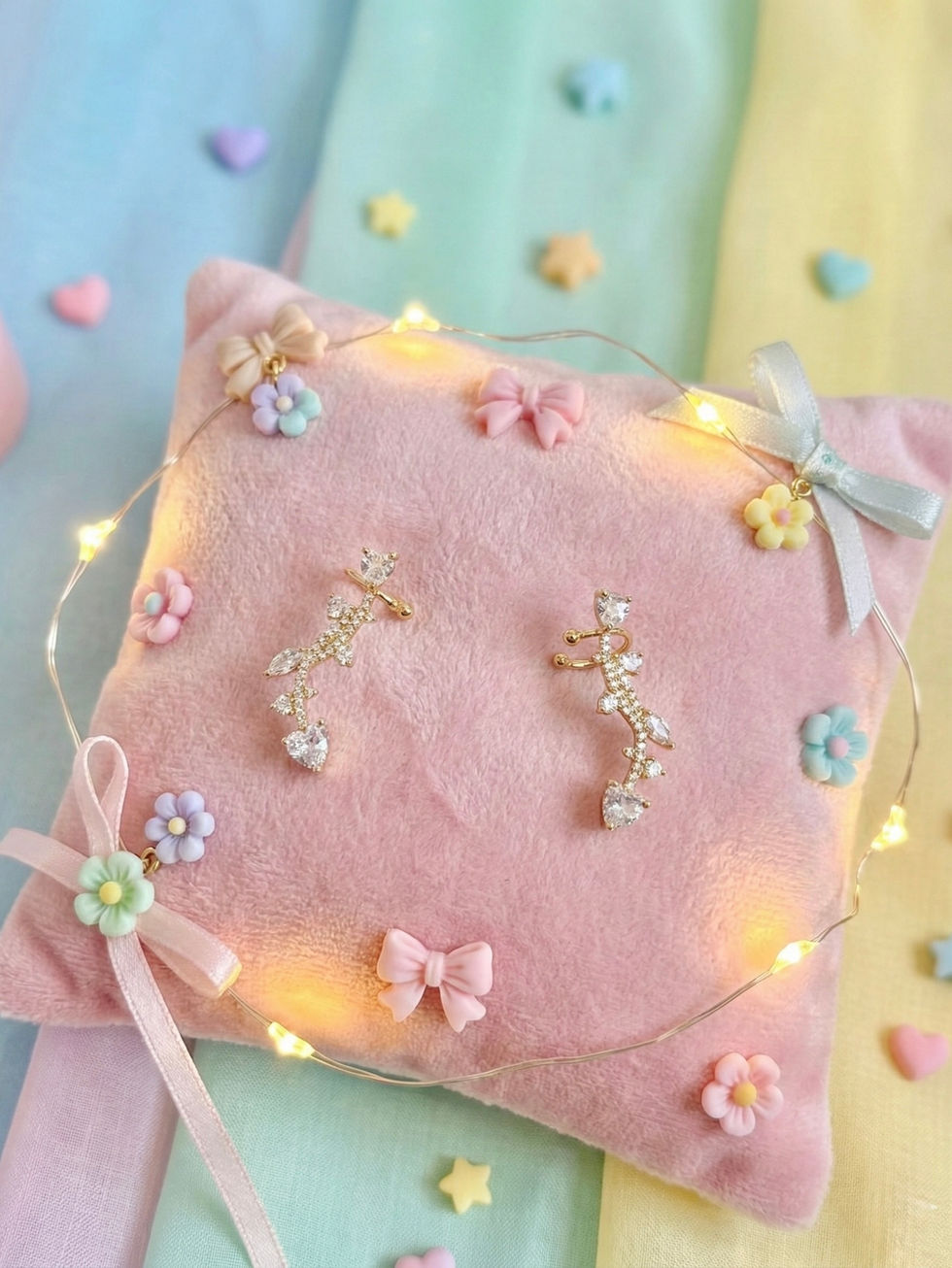 Elegant earrings displayed on pink pillow, surrounded by decorations, Lavish Jewellery.