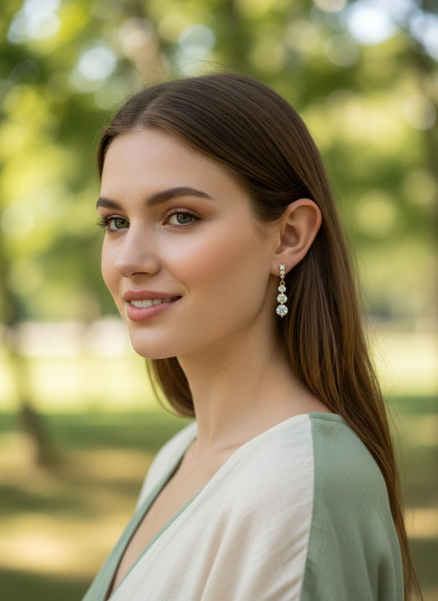 Smiling woman wearing earrings with jewels in an outdoor setting.