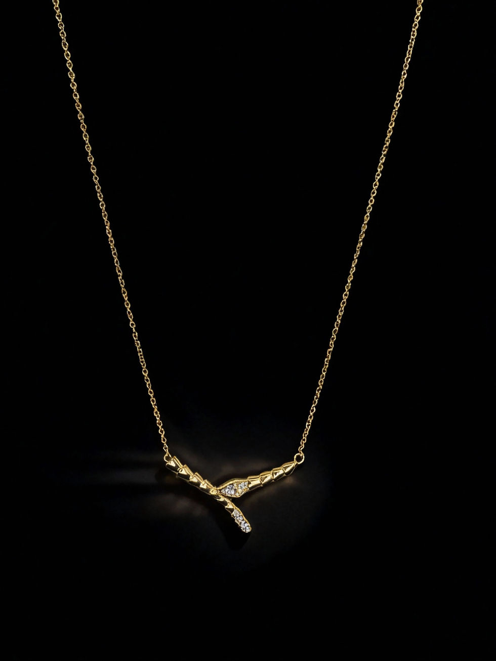Delicate gold necklace, pendant with sparkling accents on a black backdrop. Lavish Jewellery