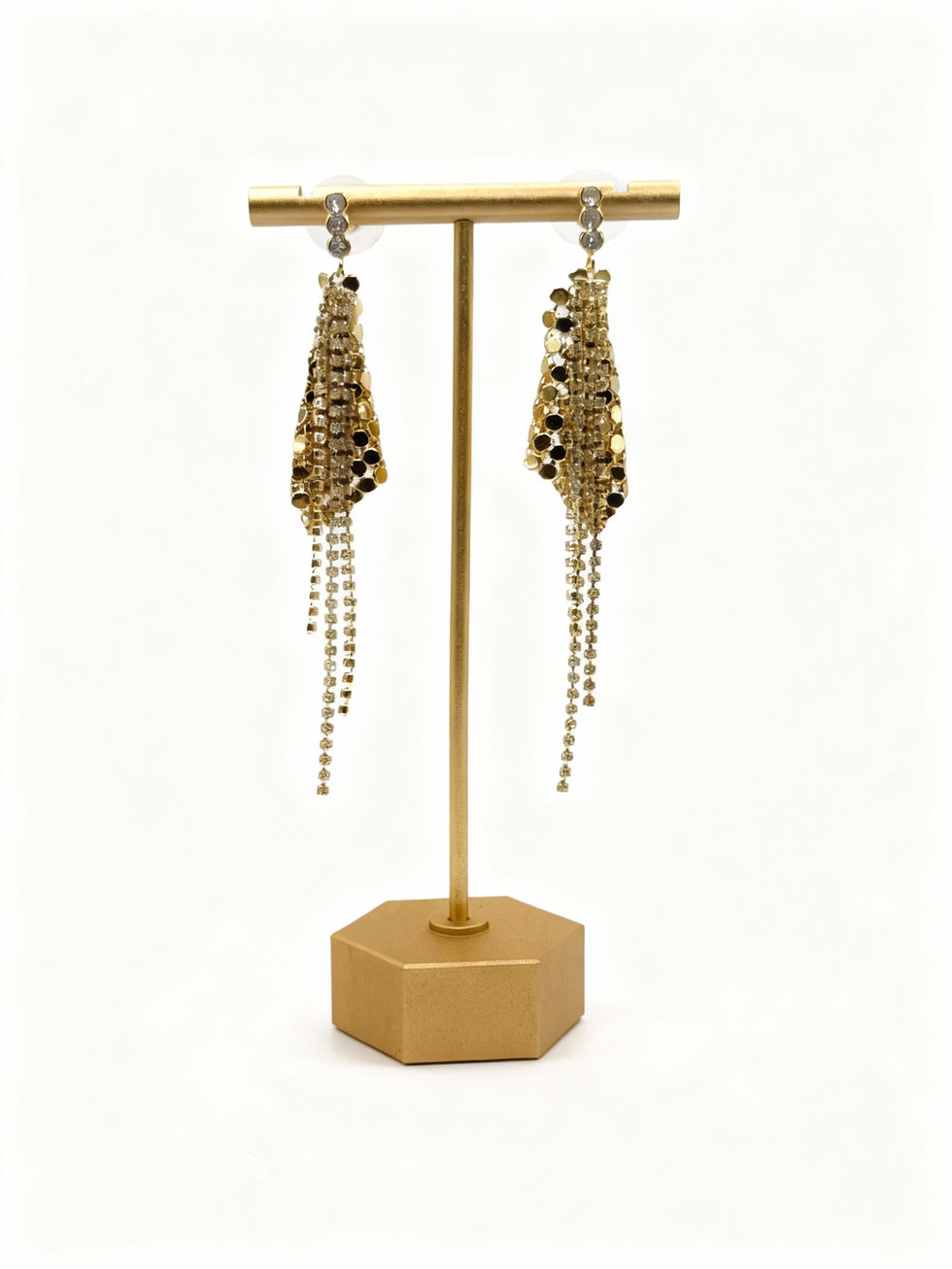 Gold dangling earrings on display, featuring Zirconia Gold Colour Earring, Lavish Jewellery.
