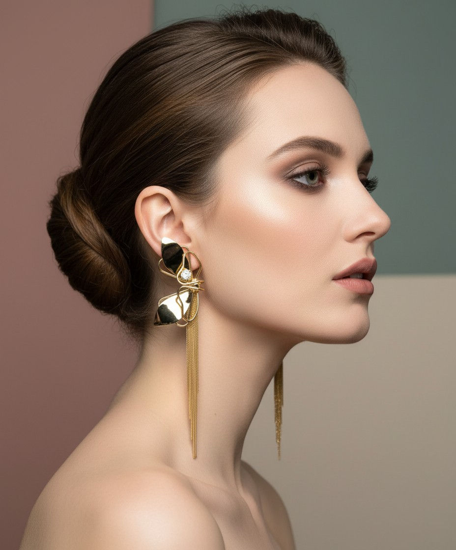 Elegant woman wearing a stylish earring. MOP Bar Drop Earring. Luxurious jewelry design