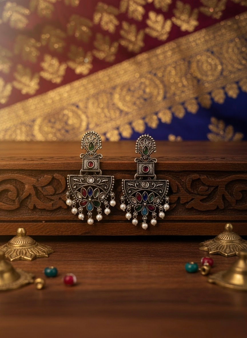 Silver earrings on wooden surface with colorful jewels, Lavish Jewellery.