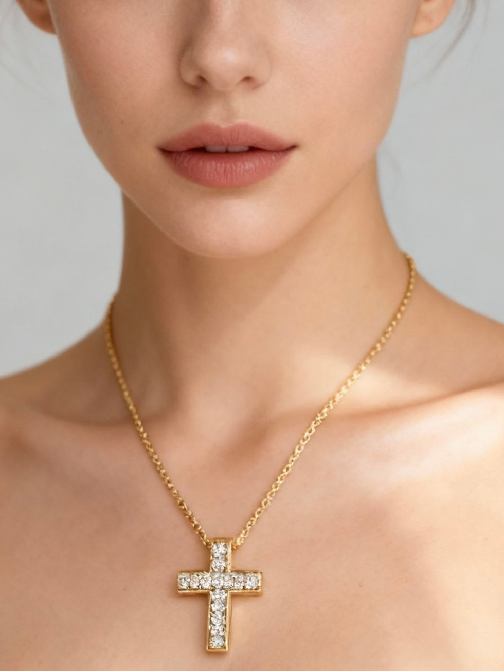 Woman wearing a gold cross pendant necklace. Lavish Jewellery. Minimalist style.