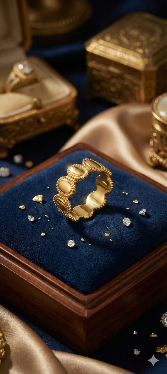 Golden ring with oval design and diamonds Lavish Jewellery on blue velvet.