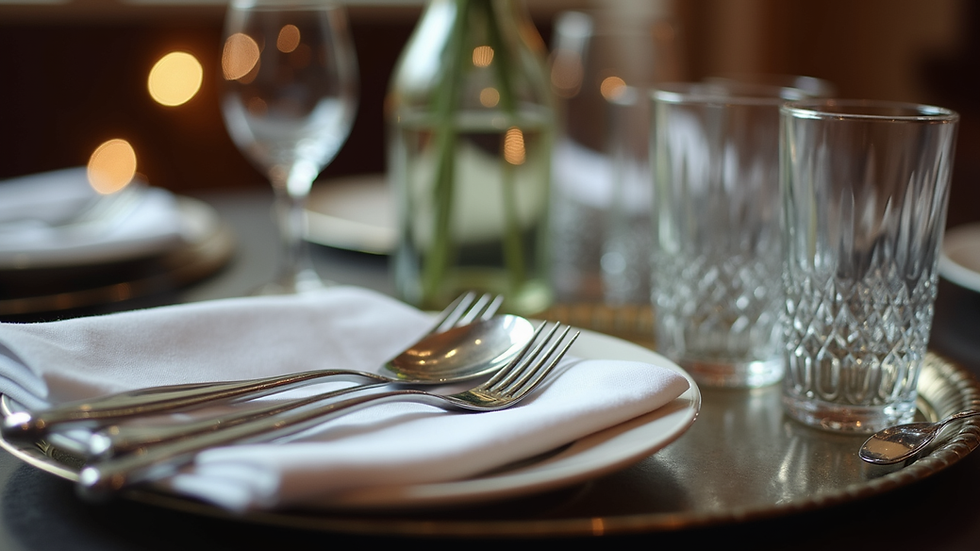 Eye-level view of a neatly arranged butler’s tray with silverware and crystal glasses