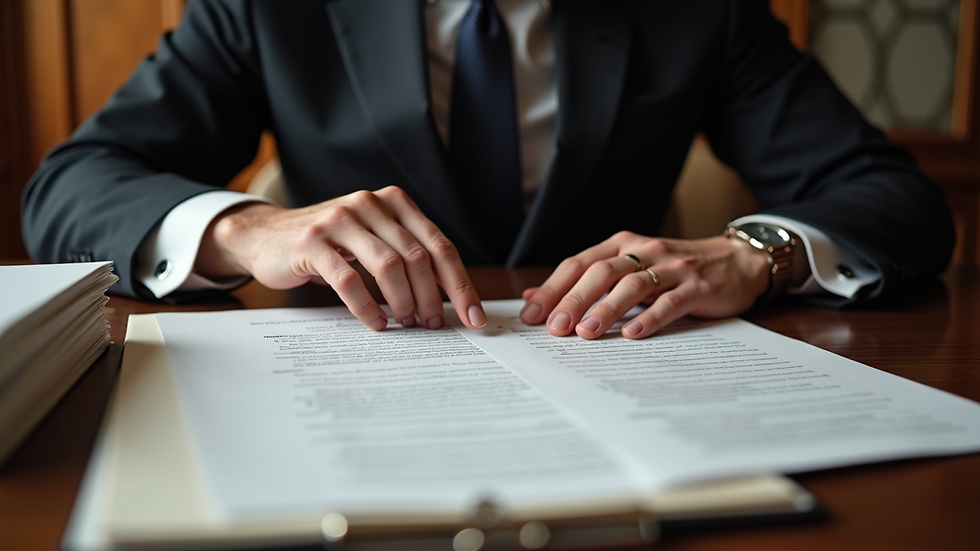 High angle view of a butler reviewing estate management documents on a desk