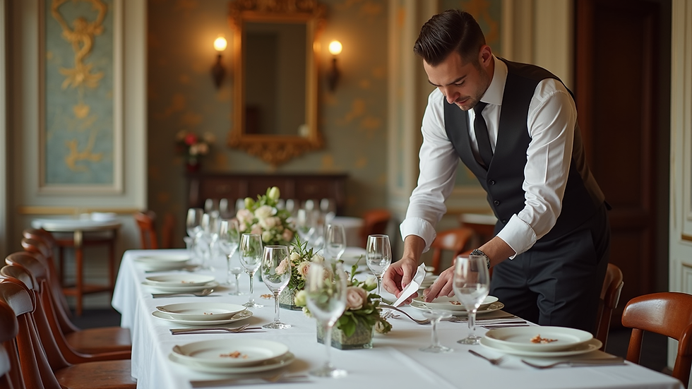 Eye-level view of a butler arranging fine dining table settings in a luxury estate