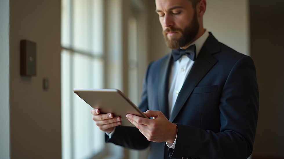 Close-up view of a butler using a tablet to control smart home devices