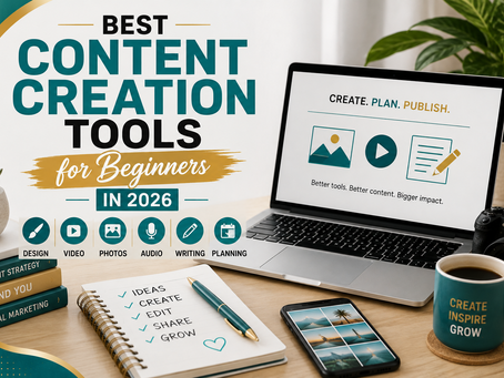 Best Content Creation Tools for Beginners written in the air with a laptop sitting on a desk with a pad of paper and a coffee mug