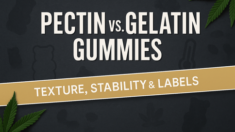 “Pectin vs. Gelatin Gummies” cover with a gold diagonal stripe reading “Texture, Stability & Labels” on a dark slate background with cannabis leaves.