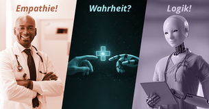 Dreiteilige Collage zum Thema KI in der Medizin: Ein erfahrener Arzt im Krankenhausflur (Empathie!), eine menschliche Hand, die eine Roboterhand berührt (Wahrheit?), und ein humanoider Roboter in medizinischer Arbeitskleidung mit Tablet (Logik!)