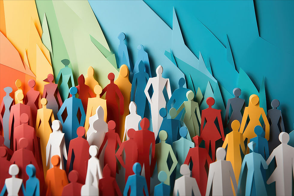 Eine große Gruppe vielfältiger Menschen im Origami-Stil; visualisiert eine lebendige Gemeinschaft, Diversität und die Einladung, Teil der Geschichte zu werden.