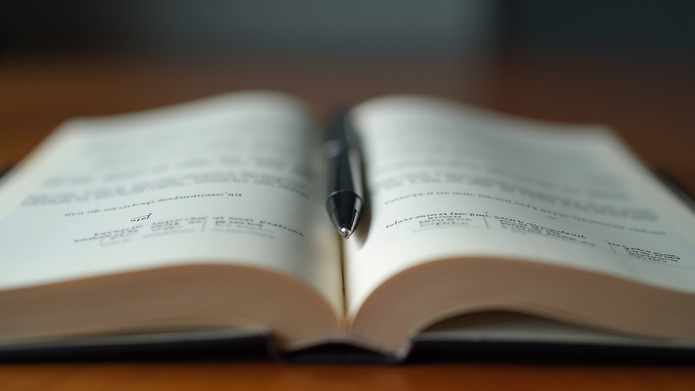 Close-up view of an open book with a pen resting on the page