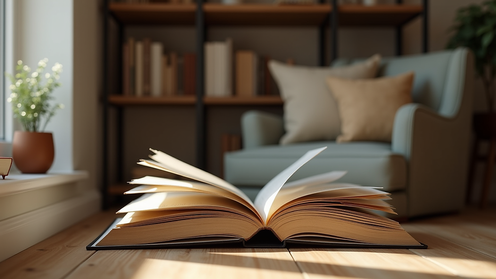 Eye-level view of a cozy reading nook with a stack of personal growth books