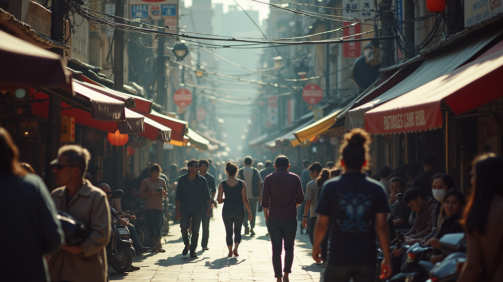 High angle view of a busy urban street filled with people engaging in various activities