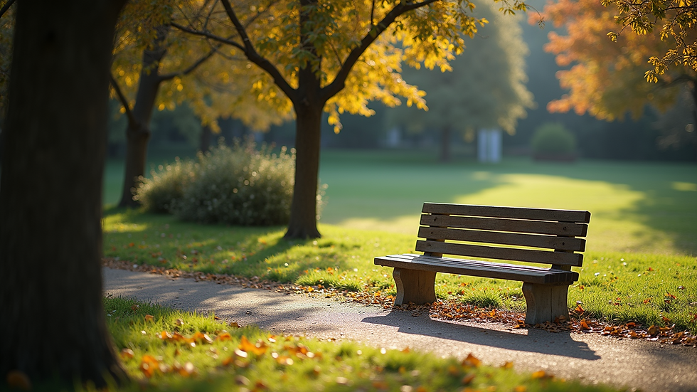 High angle view of a serene outdoor setting with a single wooden bench
