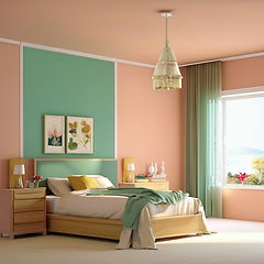 Bedroom with bed, nightstands, artwork, and window overlooking a scenic view.