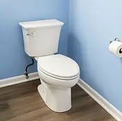 Clean white toilet with light blue walls and wood-look flooring.