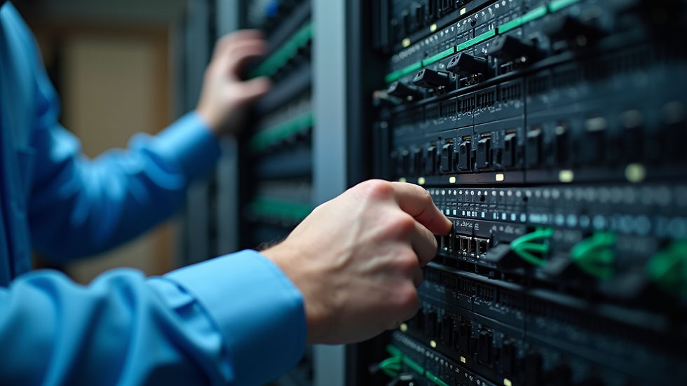 Close-up view of a technician working on a network switch