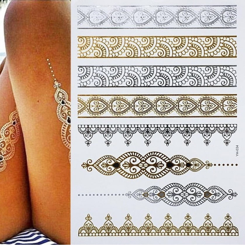 Miniature : Flash Metallic Waterproof Temporary Tattoo Gold Silver Tatoo Women Henna