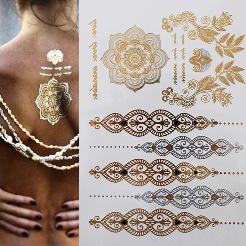 Miniature : Flash Metallic Waterproof Temporary Tattoo Gold Silver Tatoo Women Henna