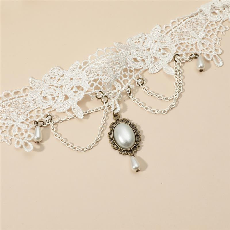 Miniature : 1pc Gothic Style Lace Pendant Choker Fashion Faux Pearl Decor Hollow-Out