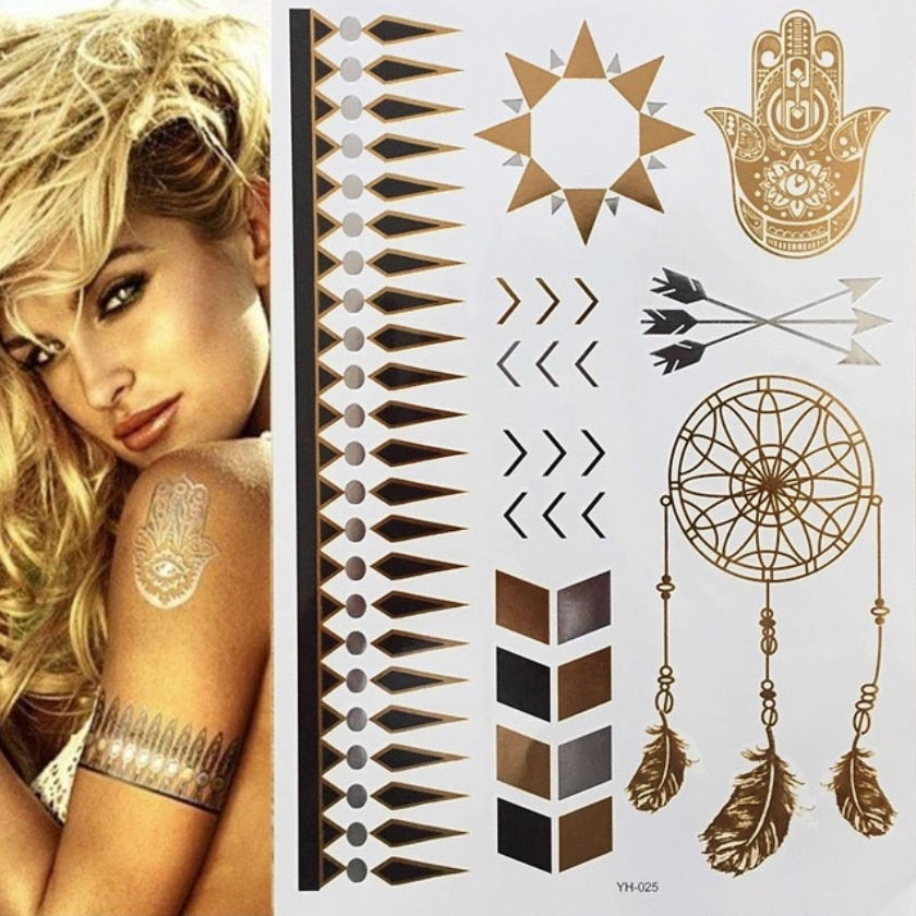 Miniature : Flash Metallic Waterproof Temporary Tattoo Gold Silver Tatoo Women Henna