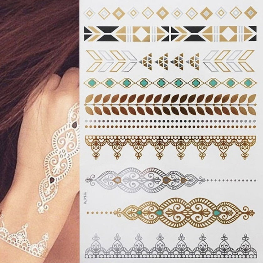 Miniature : Women Body Art Gold Silver Metallic Tattoo Sticker Chain Bracelet