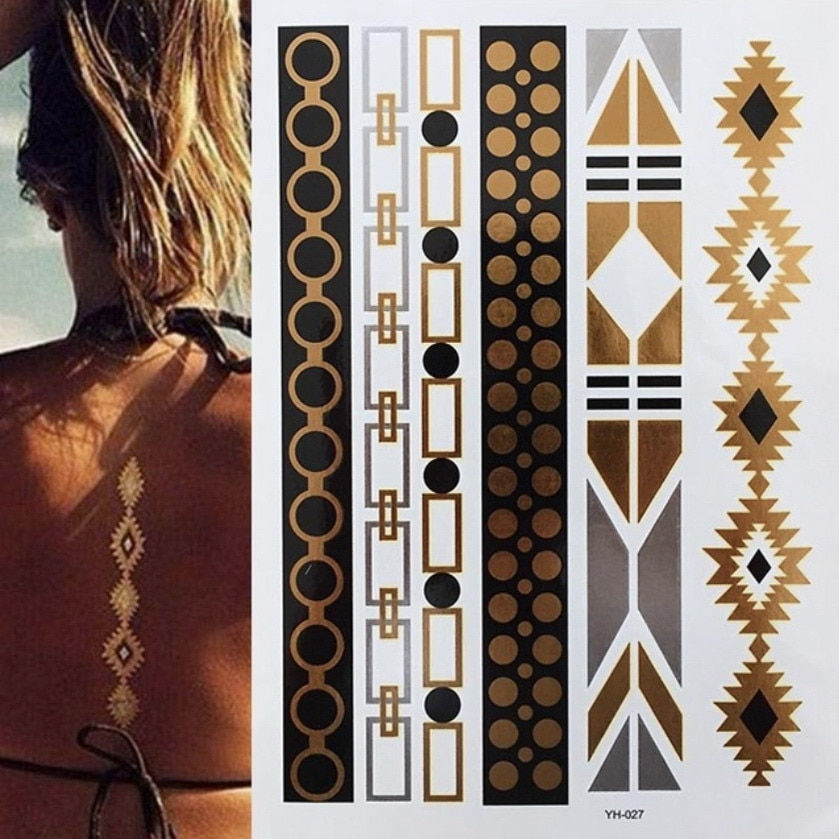 Miniature : Women Body Art Gold Silver Metallic Tattoo Sticker Chain Bracelet