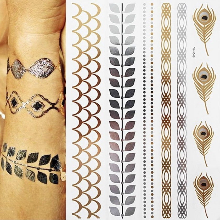 Miniature : Flash Metallic Waterproof Temporary Tattoo Gold Silver Tatoo Women Henna