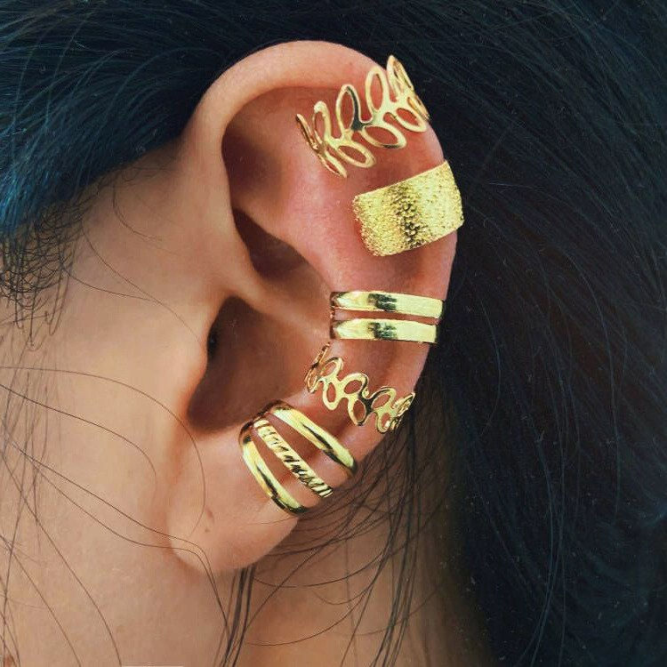 Miniature : 6/12pc Bohemian Ear Cuff Gold Leaves Clip Earrings for Women No Piercing Simple