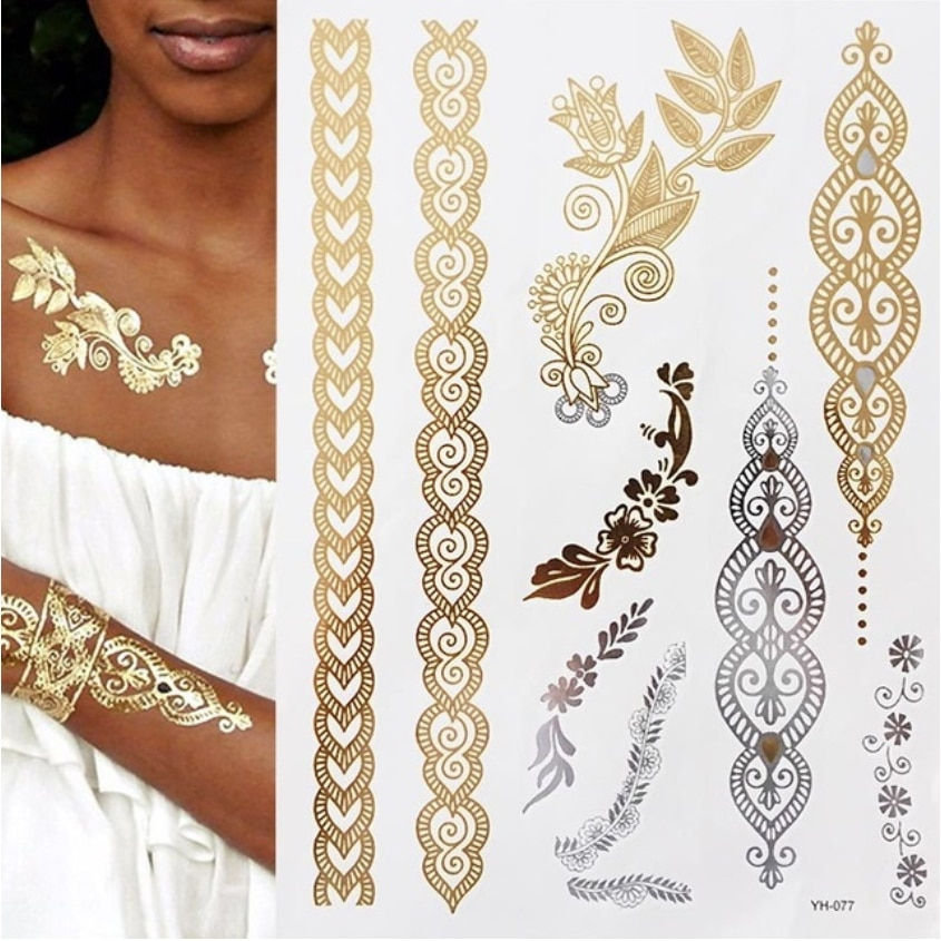 Miniature : Flash Metallic Waterproof Temporary Tattoo Gold Silver Tatoo Women Henna