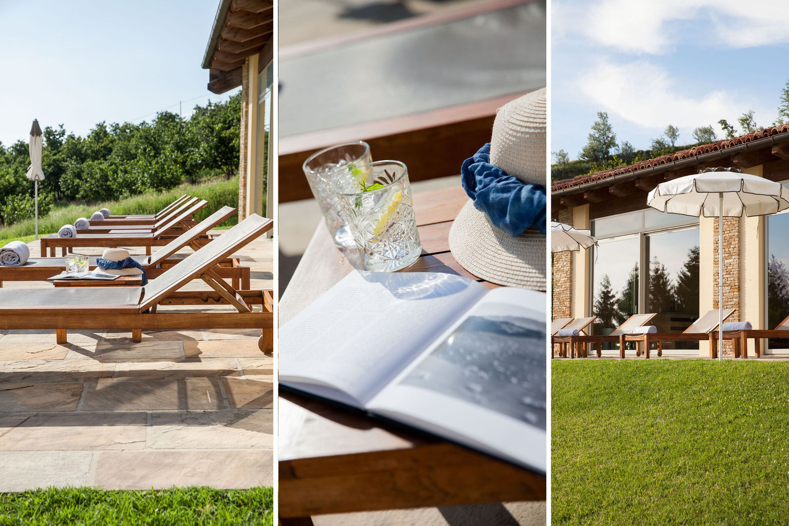 Zona solarium con sdraio e con vista sulle colline delle Langhe