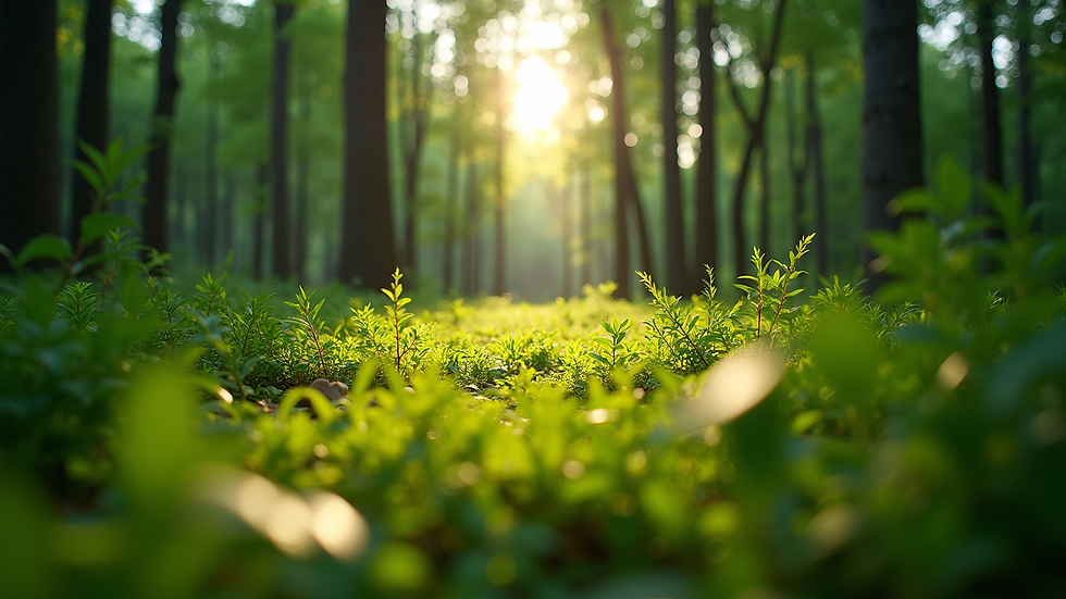 Eye-level view of a lush green forest with sunlight filtering through the trees