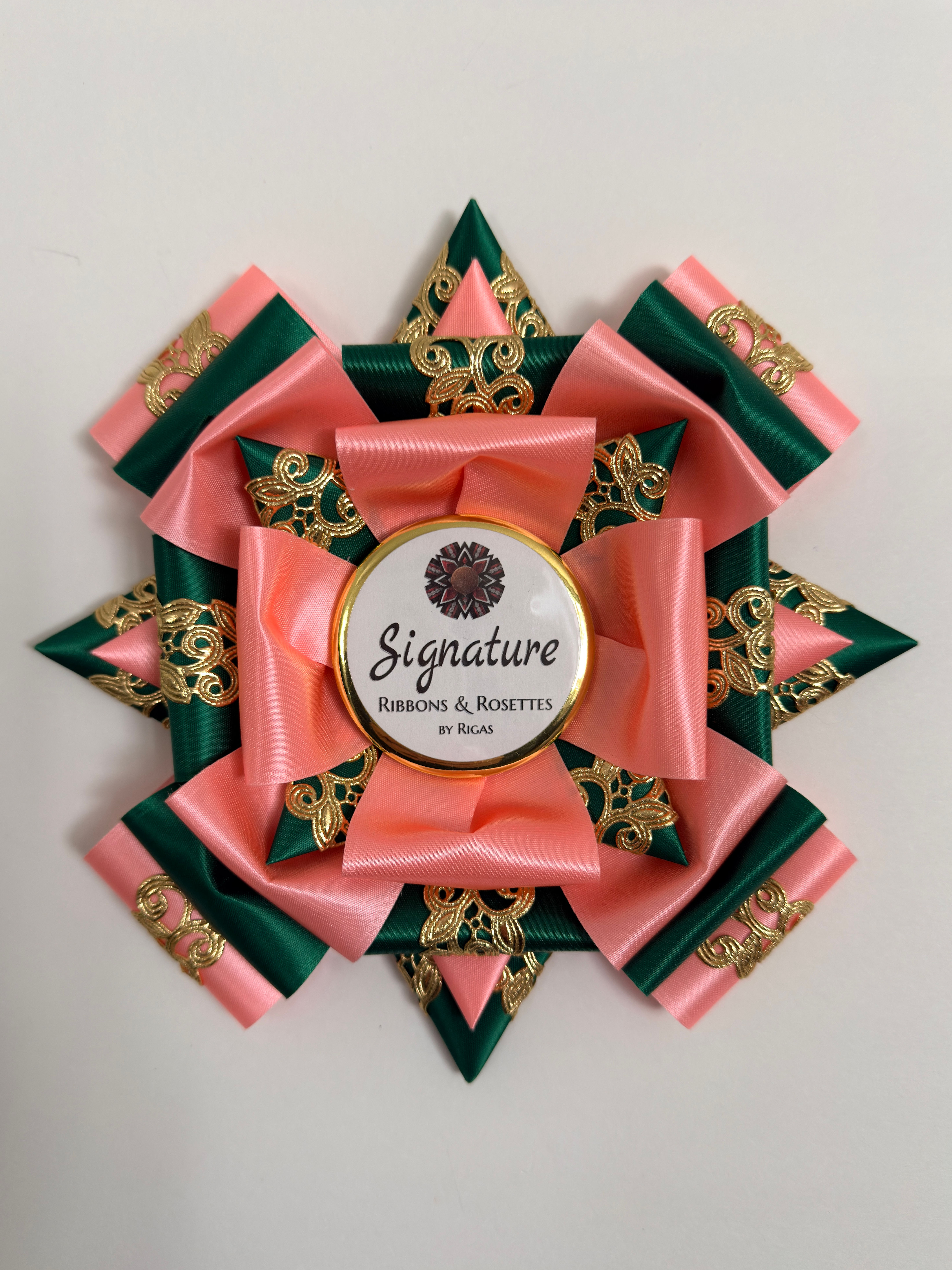 Signature Sample - Gold Deco in Emerald and Pink - 7" Rosette