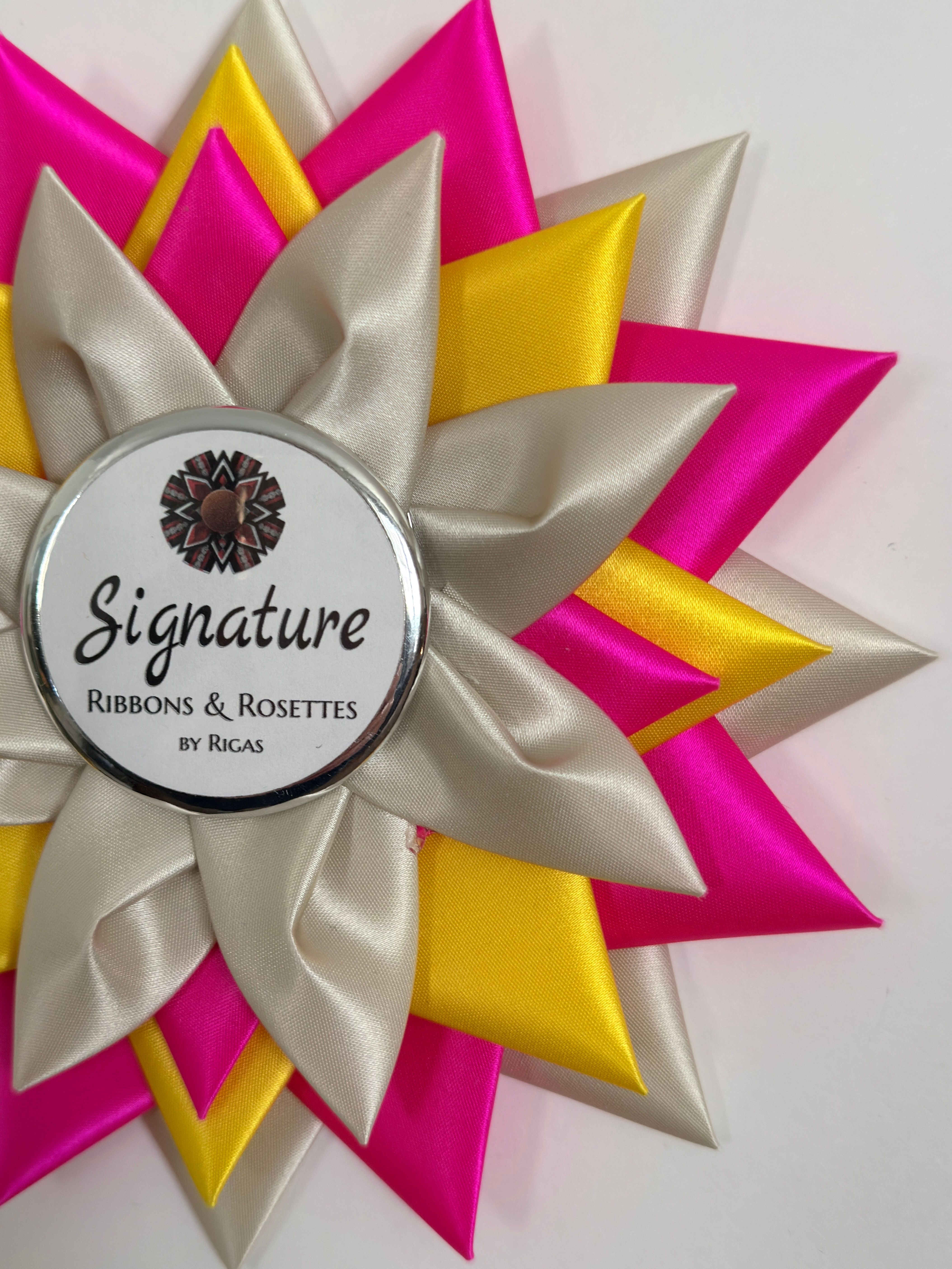 Signature Sample - Star in Neon Pink, Light Silver and Canary - 7.5" Rosette