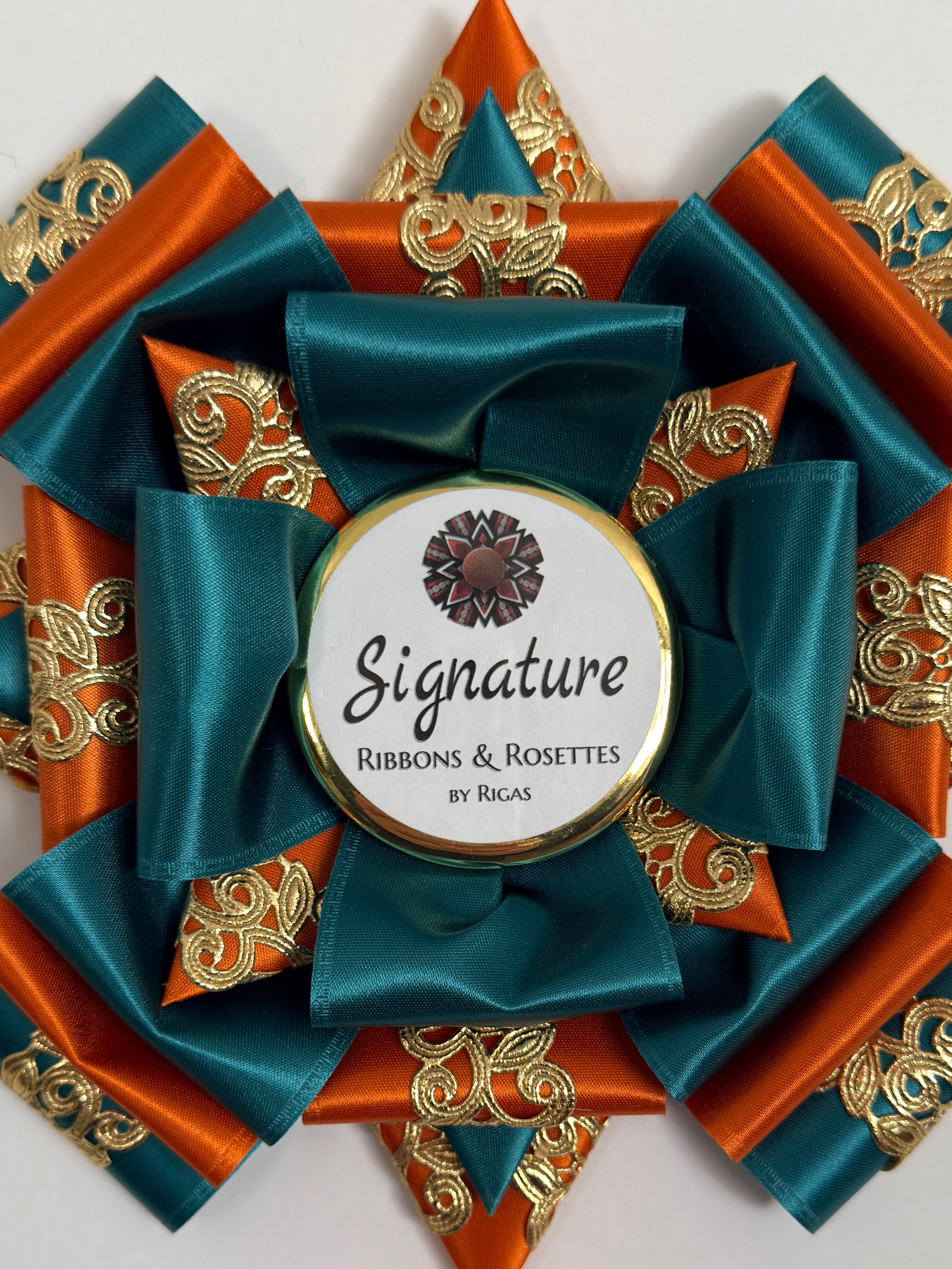 Signature Sample - Gold Deco in Teal and Orange - 7" Rosette
