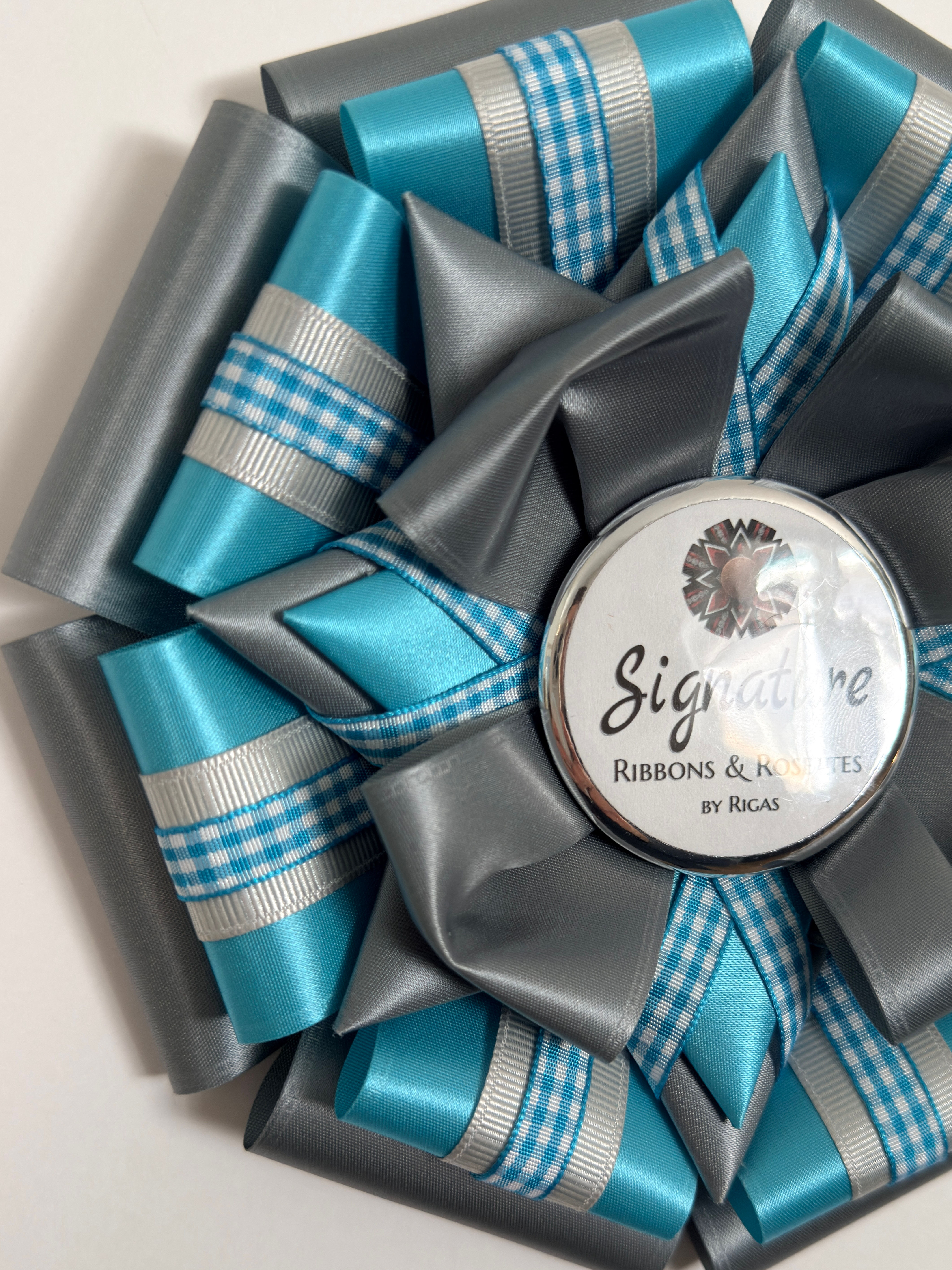Signature Sample - Gingham in Turquoise and Gray - 7.5" Rosette
