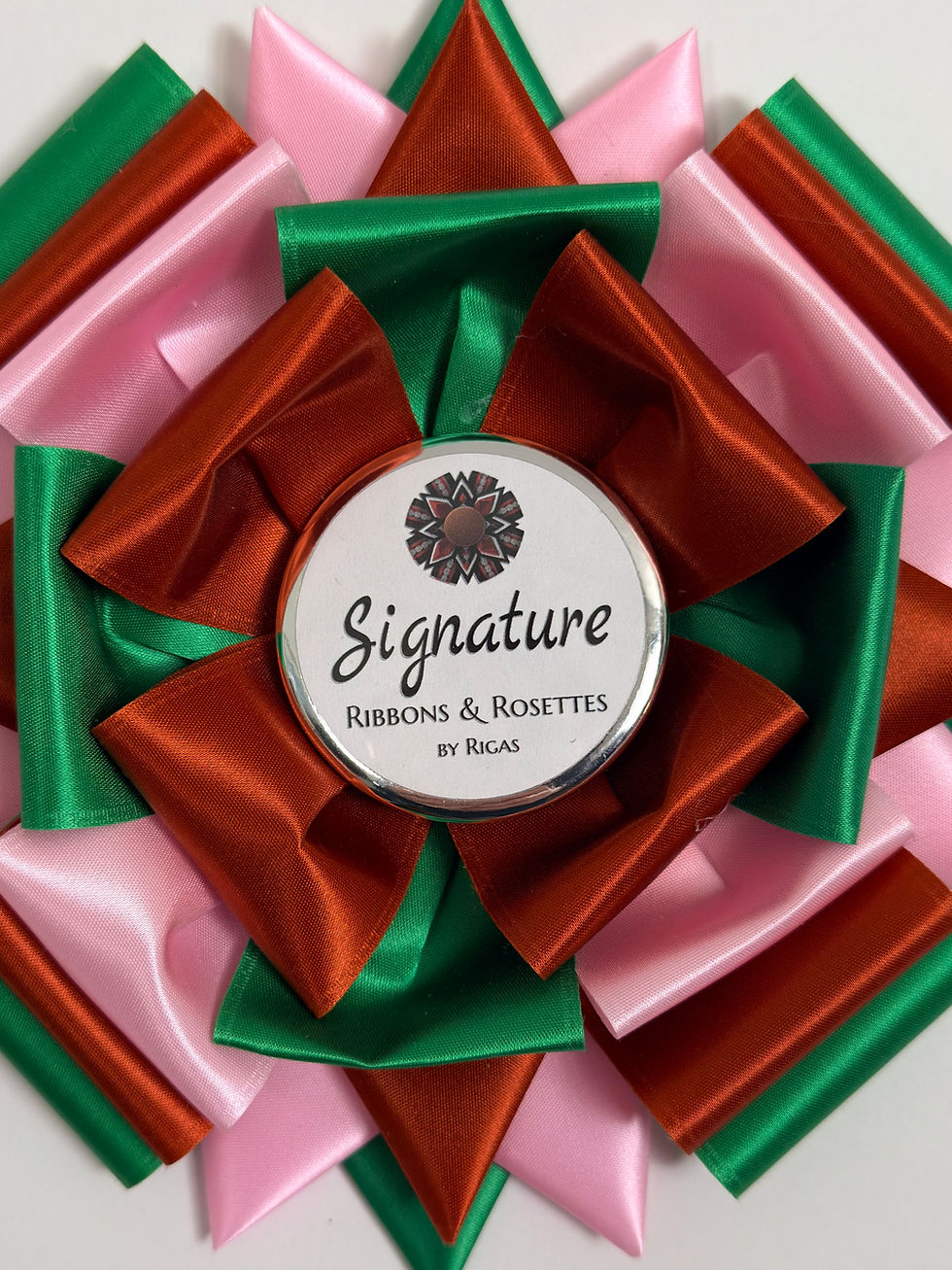 Thumbnail: Signature Sample - Celebration in Grassroots, Bronze and Candy Pink - 8" Rosette