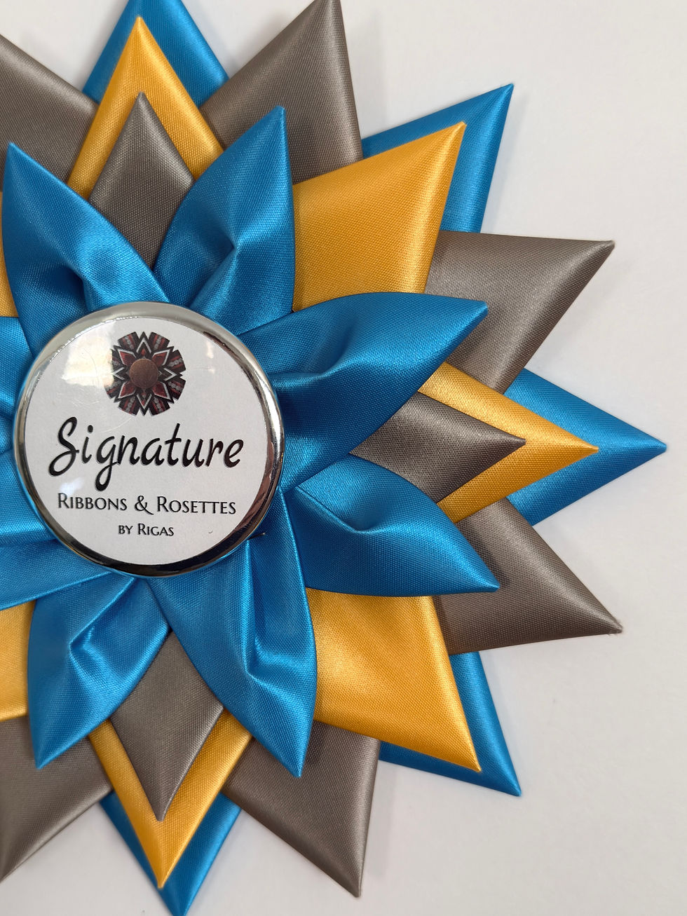 Thumbnail: Signature Sample - Star in Island Blue, Grey and Deep Gold - 7.5" Rosette