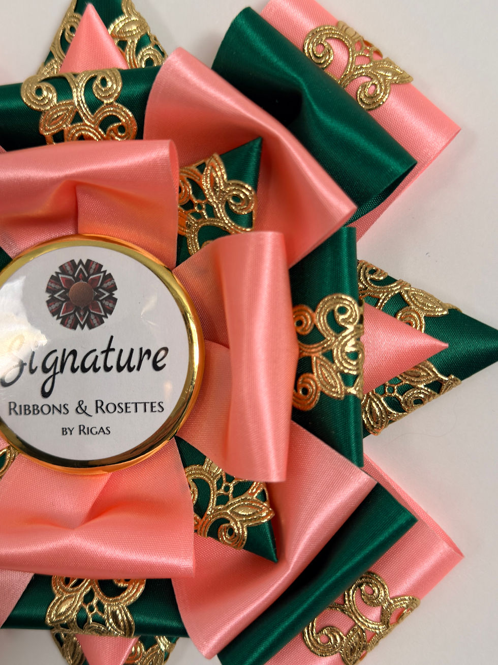 Thumbnail: Signature Sample - Gold Deco in Emerald and Pink - 7" Rosette