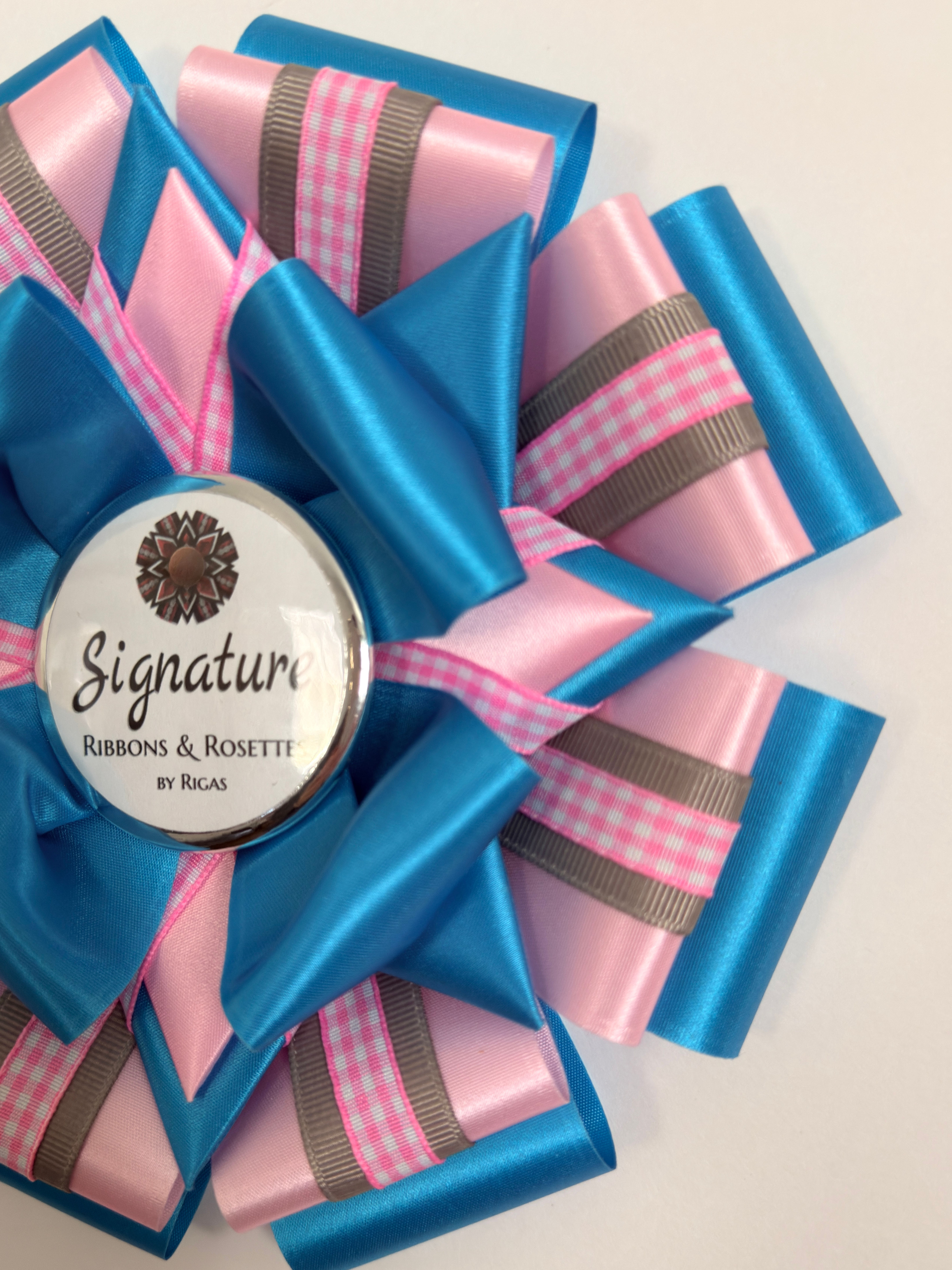 Signature Sample - Gingham in Island Blue and Candy Pink - 7.5" Rosette
